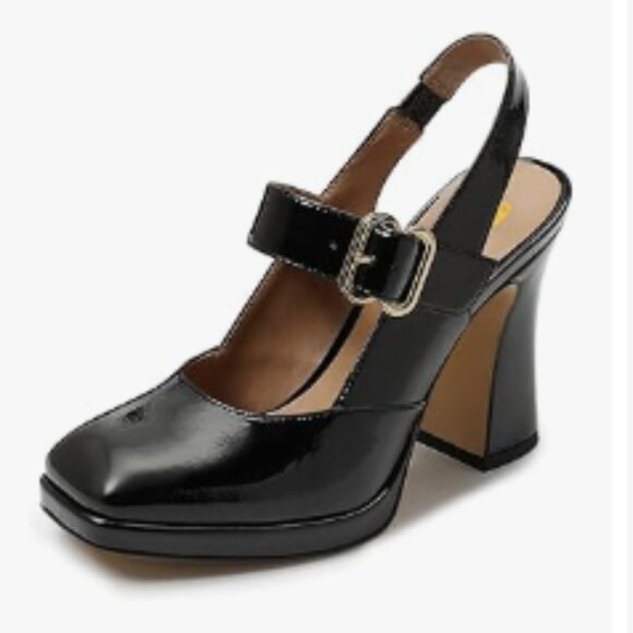 FYS Black Platform Square Toe Pumps Block High Heel Mary Janes Slingback Shoes - Picture 1 of 8